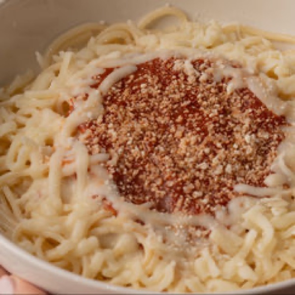 Baked Cuban neapolitan spaghetti with our house red sauce